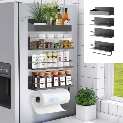 Slow Slog Magnetic Spice Rack, 4 Pack Magnetic Shelf for Refrigerator, Magnetic Refrigerator Organizer, Kitchen Space Sa
