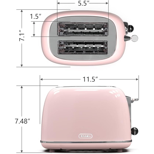 Toaster 2 slice, KitchMix Retro Stainless Steel Toaster with 6 Settings, 1.5 In Extra Wide Slots, Bagel/Defrost/Cancel F