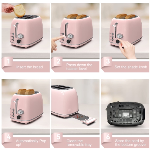 Toaster 2 slice, KitchMix Retro Stainless Steel Toaster with 6 Settings, 1.5 In Extra Wide Slots, Bagel/Defrost/Cancel F