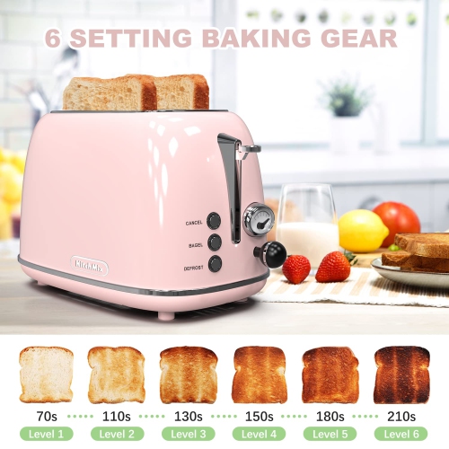 Toaster 2 slice, KitchMix Retro Stainless Steel Toaster with 6 Settings, 1.5 In Extra Wide Slots, Bagel/Defrost/Cancel F