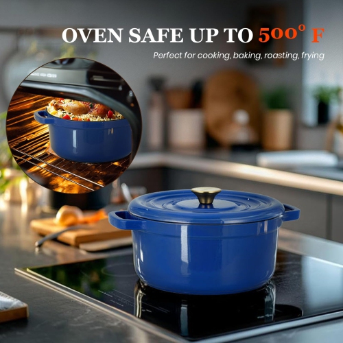 Overmont 5.5QT Cast Iron Dutch Oven - Dual Widened Handles -Enameled Pot with Cookbook - Heavy-Duty Enamel Cookware with
