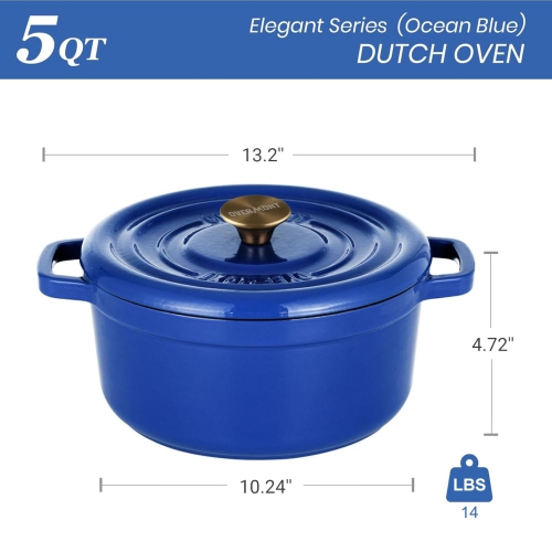 Overmont 5.5QT Cast Iron Dutch Oven - Dual Widened Handles -Enameled Pot with Cookbook - Heavy-Duty Enamel Cookware with