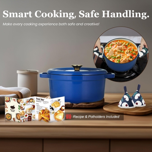 Overmont 5.5QT Cast Iron Dutch Oven - Dual Widened Handles -Enameled Pot with Cookbook - Heavy-Duty Enamel Cookware with