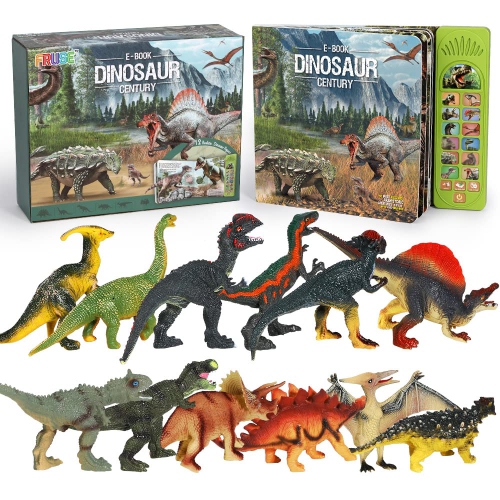 FRUSE Dinosaur Toys for 3 Years Old & Up - 12Pcs Dinosaur Figures w / Interactive Dinosaur Sound Book,Included Realistic