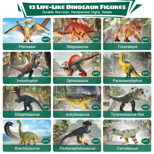 FRUSE Dinosaur Toys for 3 Years Old & Up - 12Pcs Dinosaur Figures w / Interactive Dinosaur Sound Book,Included Realistic
