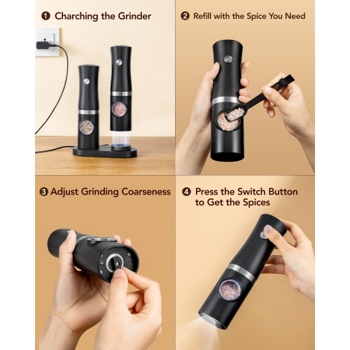Sangcon – Ensemble de 2 moulins à sel et à poivre électriques, moulin à sel automatique avec lampe LED à base rechargeable