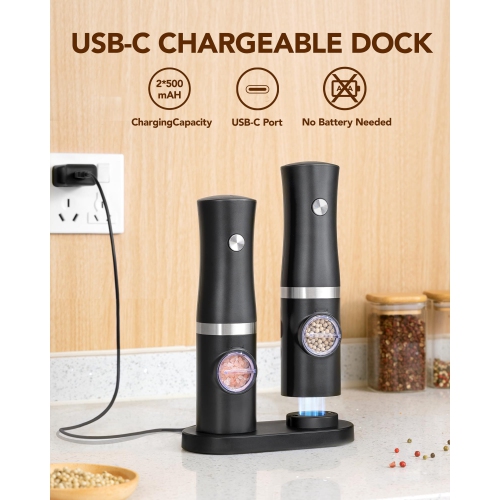 Sangcon – Ensemble de 2 moulins à sel et à poivre électriques, moulin à sel automatique avec lampe LED à base rechargeable