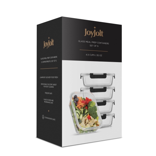 JoyJolt Glass Food Storage Containers with Lids. 5 Pack Glass Meal Prep Containers Reusable 35oz Single Compartment Airt