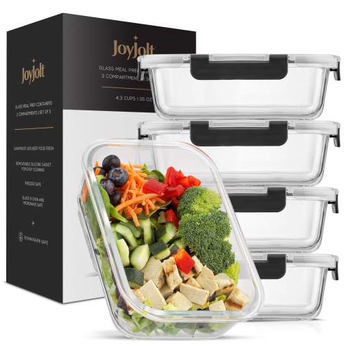 JoyJolt Glass Food Storage Containers with Lids. 5 Pack Glass Meal Prep Containers Reusable 35oz Single Compartment Airt