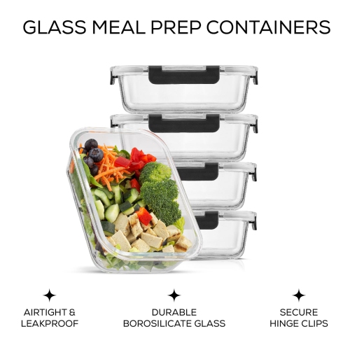 JoyJolt Glass Food Storage Containers with Lids. 5 Pack Glass Meal Prep Containers Reusable 35oz Single Compartment Airt