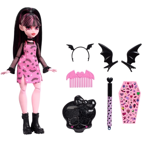 Monster High Draculaura Doll & Accessories, Gore-ganizer Beauty Kit with Bat Clips, Comb & Mirror, Customizable with Sta