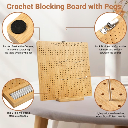 Aulin 15.5"" x 15.5"" Foldable Crochet Blocking Board with Pegs | 35 Stainless Steel Rod Pins - Upgrade Large Blocking B