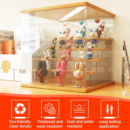 OCKYOOZ Clear Acrylic Display Case Display Box Stand with LED Light Storage Box Wall Mount Showcase Dustproof Organizer