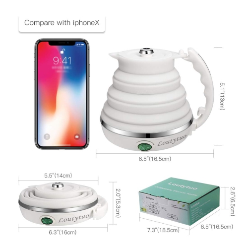 120V 555ML Ultrathin Travel Foldable Electric Kettle with Separable Power Cord and Handle, Boil Dry Protection, Food Gra