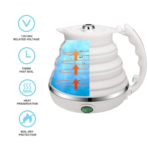 120V 555ML Ultrathin Travel Foldable Electric Kettle with Separable Power Cord and Handle, Boil Dry Protection, Food Gra
