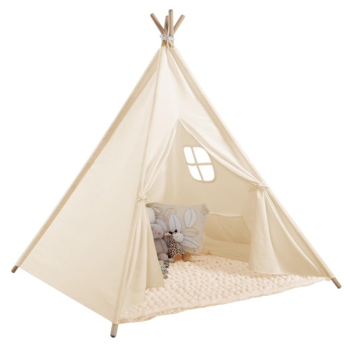 MONOBEACH  Teepee Tent for Kids Foldable Children Play Tent for Girl And Boy With Carry Case 4 Poles Canvas Playhou In White