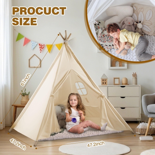 Monobeach Teepee Tent for Kids Foldable Children Play Tent for Girl and Boy with Carry Case 4 Poles White Canvas Playhou