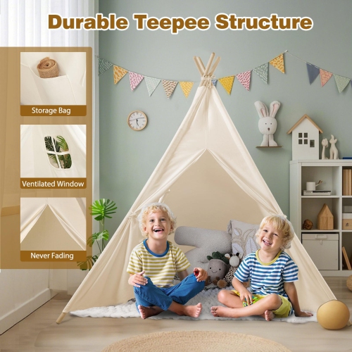 Monobeach Teepee Tent for Kids Foldable Children Play Tent for Girl and Boy with Carry Case 4 Poles White Canvas Playhou
