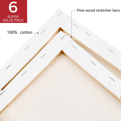 Artecho – Toile tendue de 12 x 16 po, blanc vierge, paq. 6, apprêt 100 % coton, pour la peinture, le versement acrylique, la peinture à l'huile