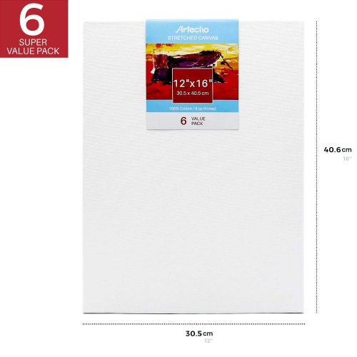 Artecho – Toile tendue de 12 x 16 po, blanc vierge, paq. 6, apprêt 100 % coton, pour la peinture, le versement acrylique, la peinture à l'huile