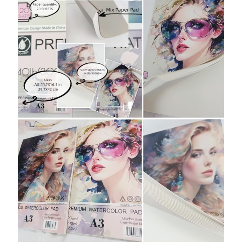 Bloc de 2 feuilles à l'aquarelle AOOK, 11 x 16,53 po, 20 feuilles de papier mélangé, à reliure latérale, texture fine, en goujard