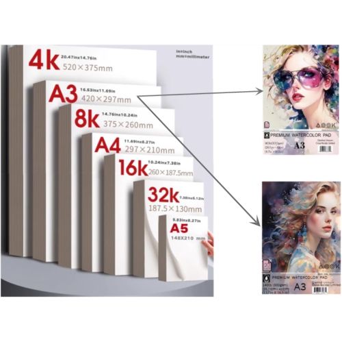 Bloc de 2 feuilles à l'aquarelle AOOK, 11 x 16,53 po, 20 feuilles de papier mélangé, à reliure latérale, texture fine, en goujard