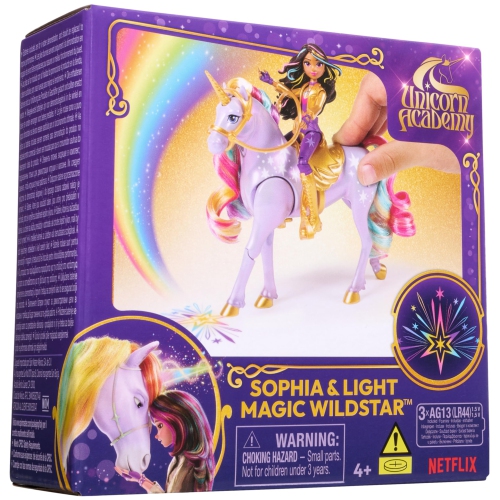 L'Académie des licornes, Sophia & Light Magic Wildstar avec effets lumineux arc-en-ciel, 2 accessoires d'équitation, poupées et licornes