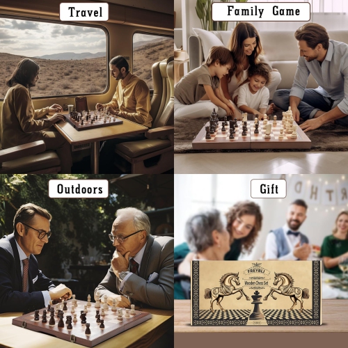 FREYBLI Magnetic Wooden Chess Board Set for Adults Kids, Handcrafted 15 Inch Chess and Checkers Set, Folding Portable Tr