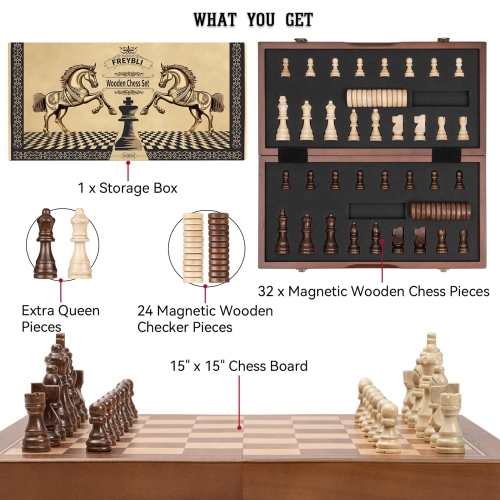 FREYBLI Magnetic Wooden Chess Board Set for Adults Kids, Handcrafted 15 Inch Chess and Checkers Set, Folding Portable Tr