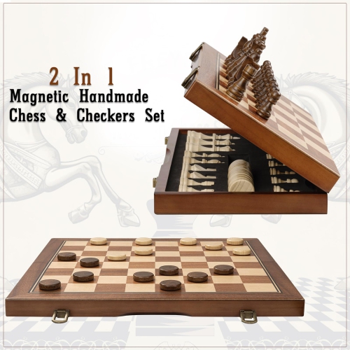 FREYBLI Magnetic Wooden Chess Board Set for Adults Kids, Handcrafted 15 Inch Chess and Checkers Set, Folding Portable Tr