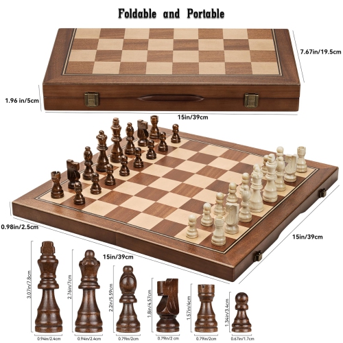 FREYBLI Magnetic Wooden Chess Board Set for Adults Kids, Handcrafted 15 Inch Chess and Checkers Set, Folding Portable Tr