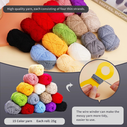 Crochet 97 pièces avec ensemble de fils, ensemble de crochets comprend 15 balles de laine crochetée de couleurs, une trousse de crochets, une trousse