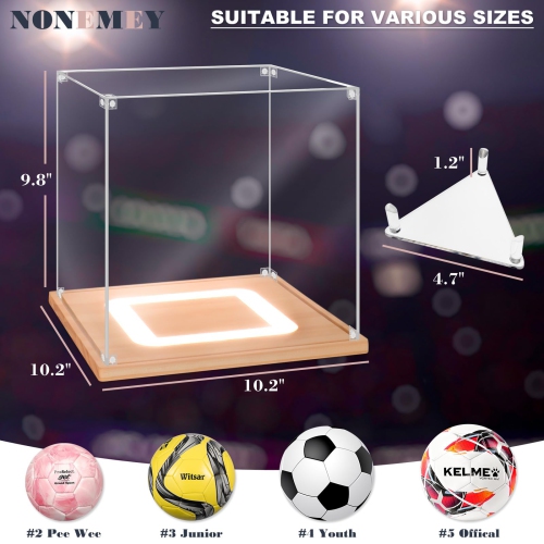 NONEMEY Soccer Display Case with Light, UV Protected Acrylic Soccer Box Full Size with Wood Base, Basketball Display for