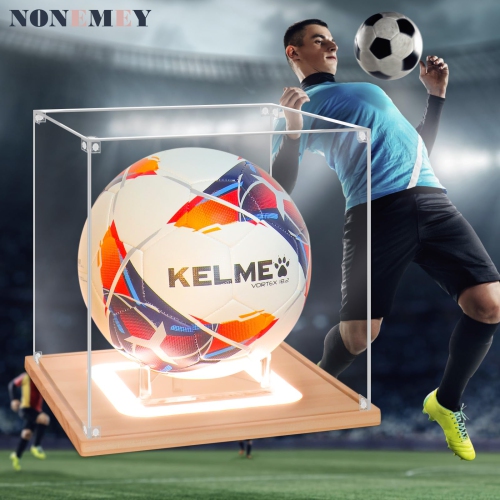 NONEMEY Soccer Display Case with Light, UV Protected Acrylic Soccer Box Full Size with Wood Base, Basketball Display for