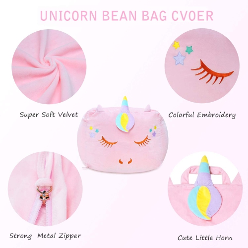 Yoweenton Unicorn Bean Bag Chair for Girls Room Decor, Stuffed Animal Storage, Kids Chairs, Toy Organizers Storage Beanb