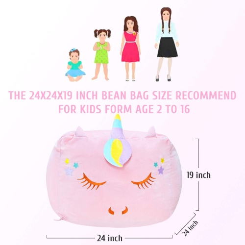 Yoweenton Unicorn Bean Bag Chair for Girls Room Decor, Stuffed Animal Storage, Kids Chairs, Toy Organizers Storage Beanb