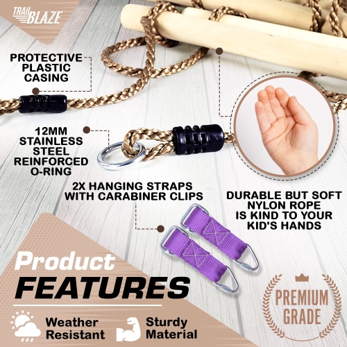 Trailblaze Premium Climbing Rope Ladder for Kids 6ft Wooden, Playset Rope Ladder Swing Set, Safe & Secure Outdoor/Indoor