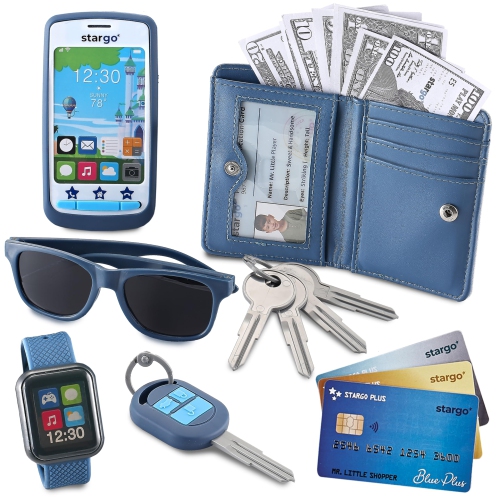 Play Wallet for Boys with Money and Pretend Play Toys, Cellphone, Smartwatch, Keys, Sunglasses, Toddler Wallet for Kids