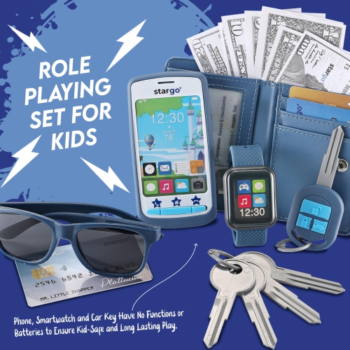 Play Wallet for Boys with Money and Pretend Play Toys, Cellphone, Smartwatch, Keys, Sunglasses, Toddler Wallet for Kids