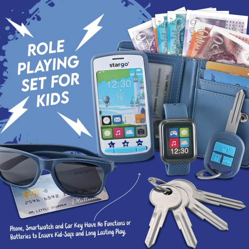 Play Wallet for Boys with Money and Pretend Play Toys, Cellphone, Smartwatch, Keys, Sunglasses, Toddler Wallet for Kids