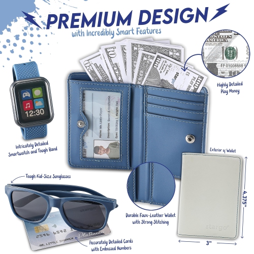 Play Wallet for Boys with Money and Pretend Play Toys, Cellphone, Smartwatch, Keys, Sunglasses, Toddler Wallet for Kids