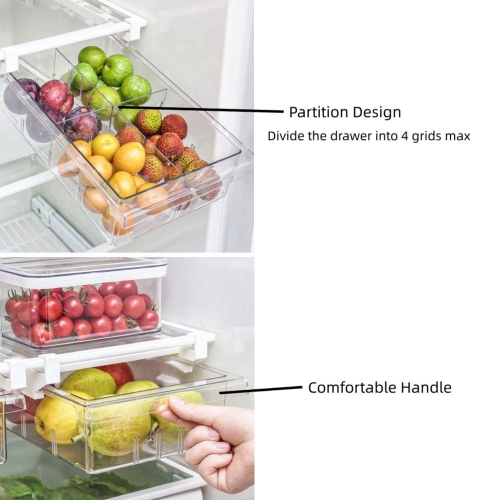 YekouMax Fridge Drawer Organizer, Refrigerator Organizer Bins, Pull Out with Handle, Fridge Shelf Holder Storage Box, Cl