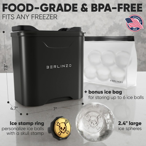 Berlinzo Premium Clear Ice Ball Maker [2024 Upgraded] - 2 Large 2.4-inch Crystal Clear Ice Balls for Whiskey Cocktail, E