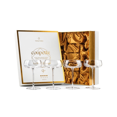 Crystal Cocktail and Champagne Coupette Glasses | Set of 4 | 9 oz Elegant Long Stemmed Coupe Glassware for Espresso Mart