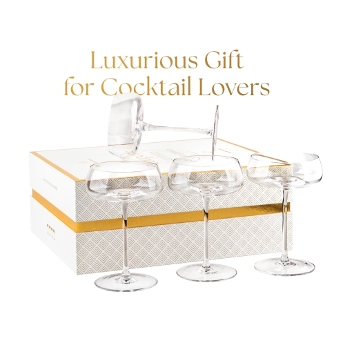 Crystal Cocktail and Champagne Coupette Glasses | Set of 4 | 9 oz Elegant Long Stemmed Coupe Glassware for Espresso Mart