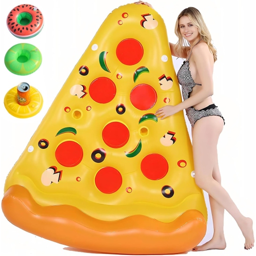 SIXVALA Pool Floaties, 180cm x 150cm Inflatable Giant Pizza Slice with 3 Inflatable Drink Holders, Inflatable Ride-On Fl