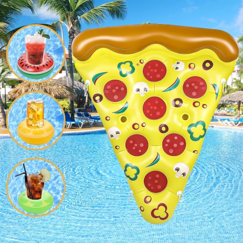 SIXVALA Pool Floaties, 180cm x 150cm Inflatable Giant Pizza Slice with 3 Inflatable Drink Holders, Inflatable Ride-On Fl