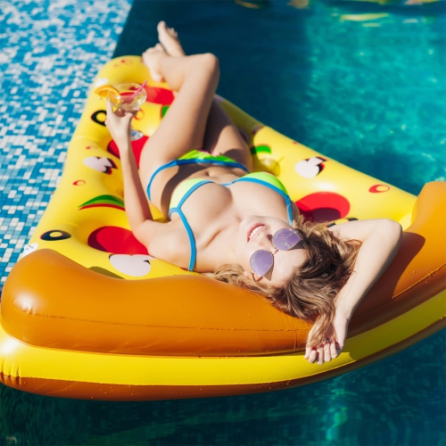 SIXVALA Pool Floaties, 180cm x 150cm Inflatable Giant Pizza Slice with 3 Inflatable Drink Holders, Inflatable Ride-On Fl