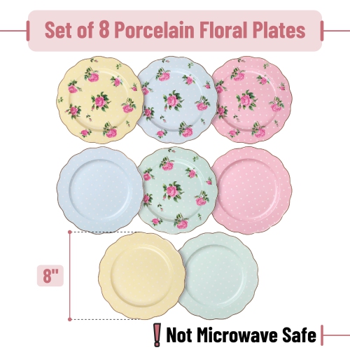 BTaT- Porcelain Floral Plates, Royal Dessert Plates, 8 inch, Set of 8, Appetizer Plates, Floral Plates, Salad Plates, Sm
