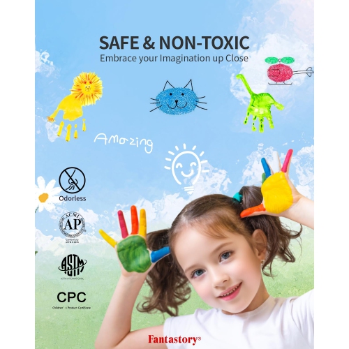 Ensemble de peinture tempéra Fantastory - 32 couleurs Affiche de peinture lavable pour enfants pour peinture éponge, pêche non toxique